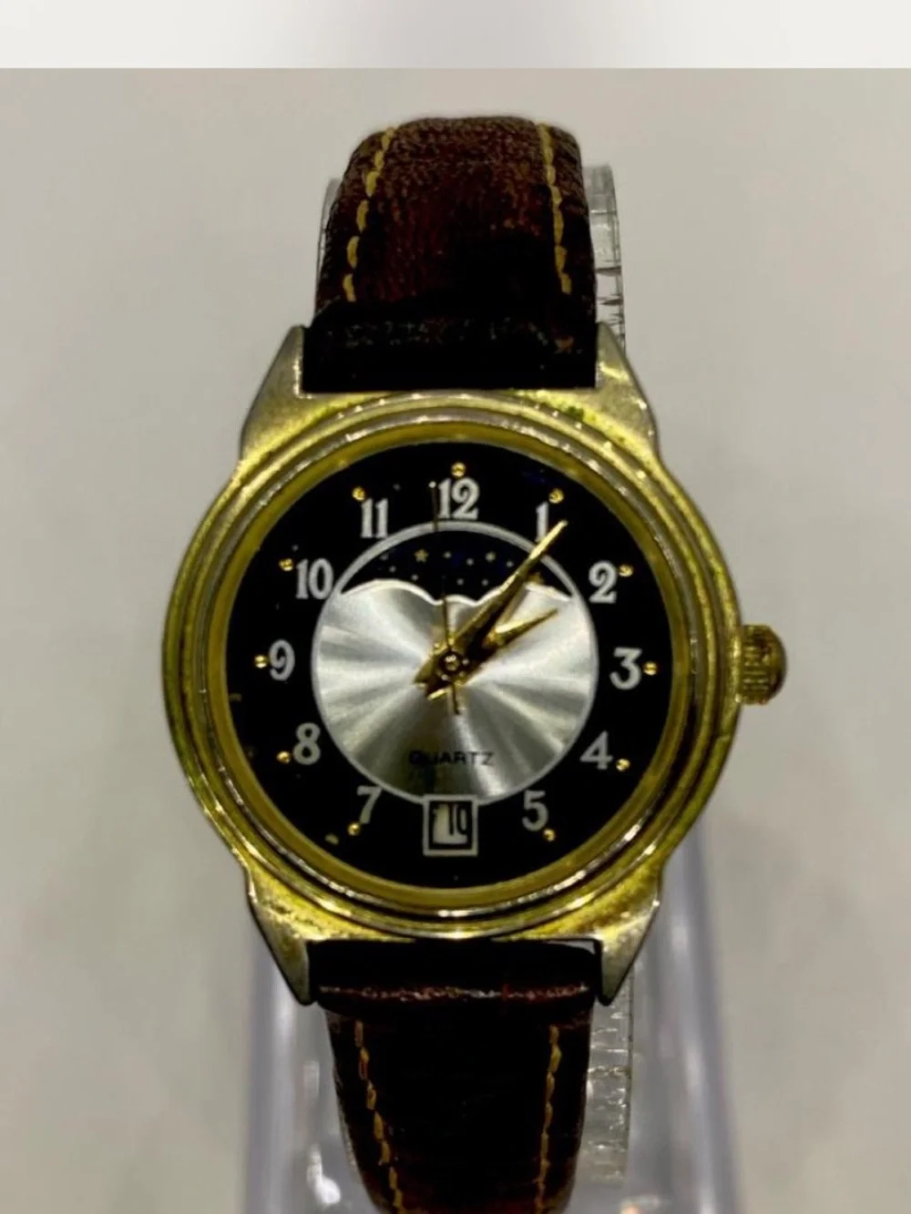 Designer * Moon Phase ^^^ Gold-Tone Quartz Dress Watch / Tan  Leather Strap ***